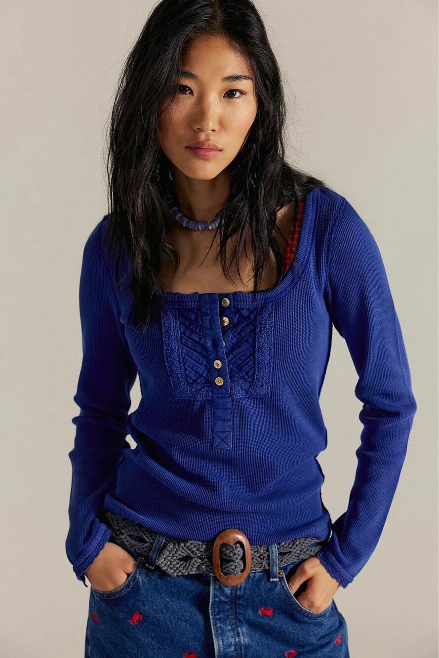 NWT Free People We The Free Lorelai Long Sleeve Top L Twilight Blue Lace Henley